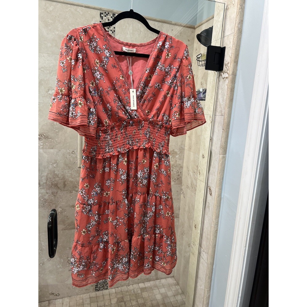Max Studio Flounce Sleeve V-Neck Floral Dress Coral L 1909Y52
